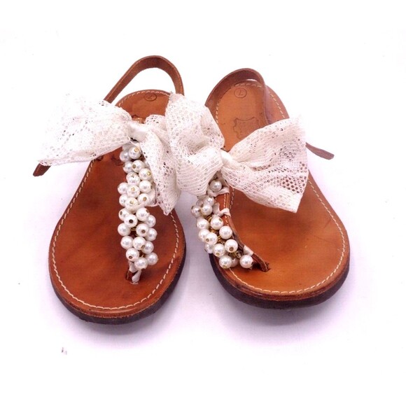 Rhodes Leather Thong Slide Sandals Womens Sz 7 Beaded w/Bow Made in Greece - Picture 1 of 7